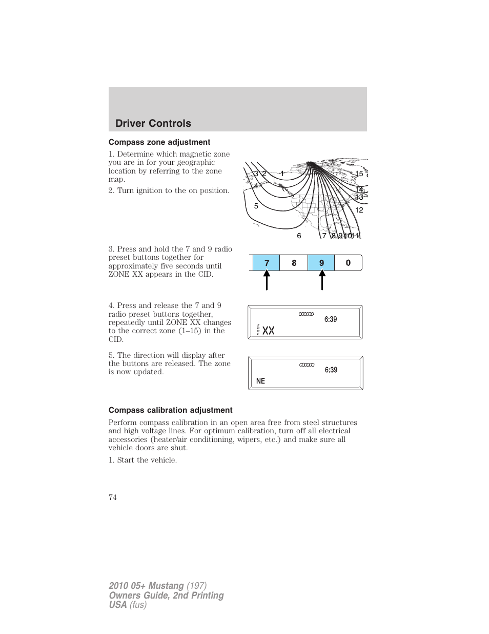 Compass zone adjustment, Compass calibration adjustment, Driver controls | FORD 2010 Mustang v.2 User Manual | Page 74 / 314
