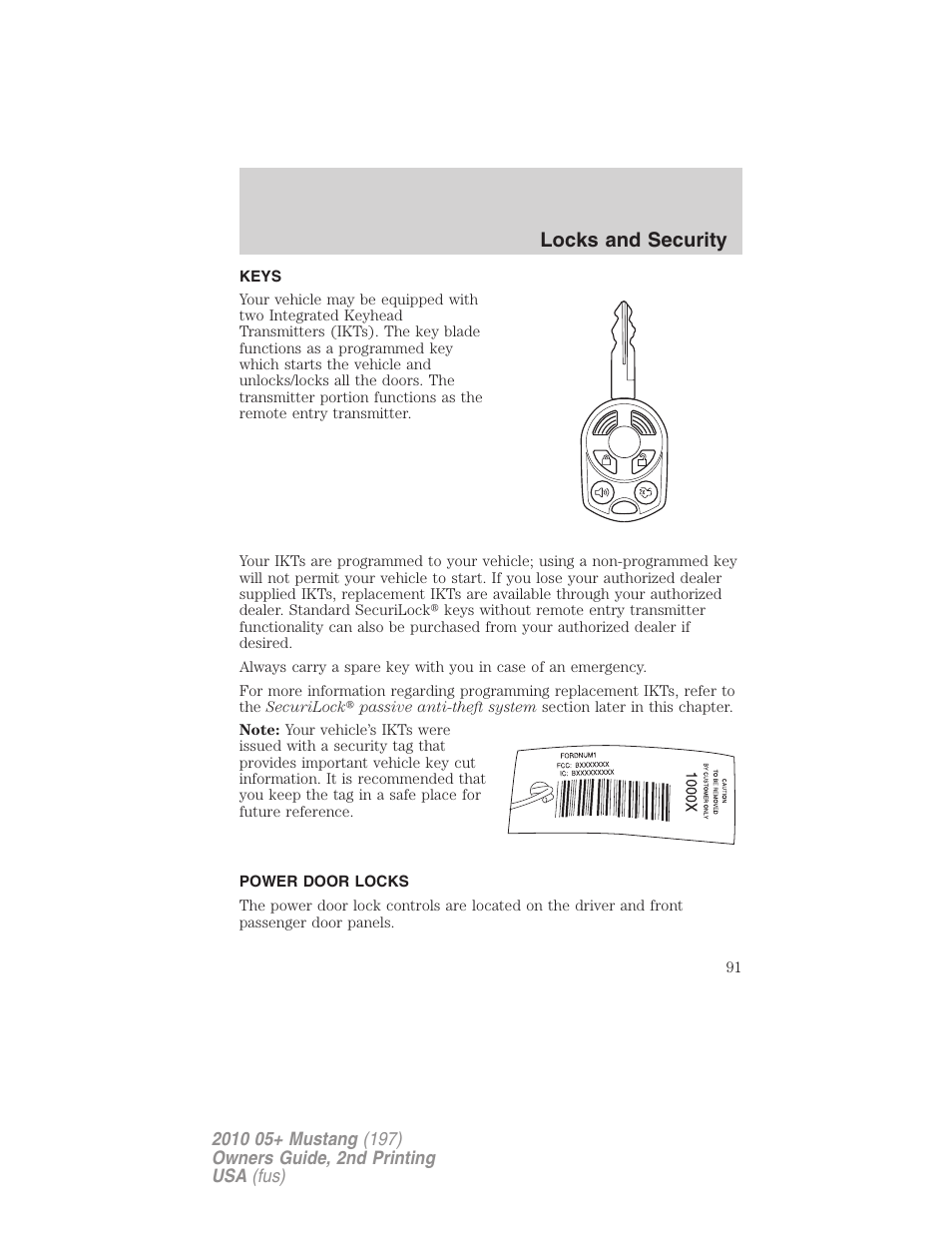 Locks and security, Keys, Power door locks | Locks | FORD 2010 Mustang v.2 User Manual | Page 91 / 314