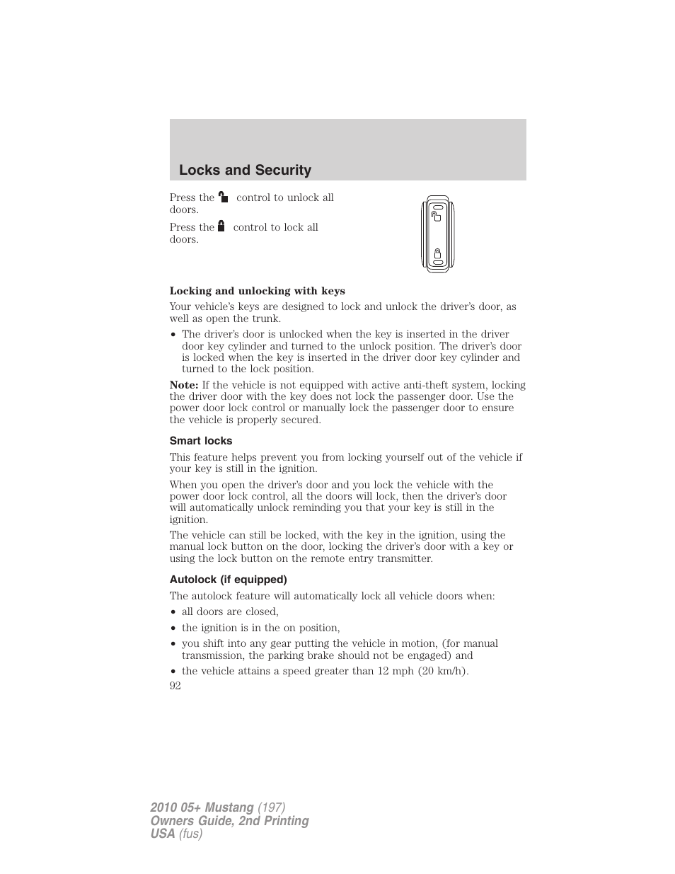 Smart locks, Autolock (if equipped), Locks and security | FORD 2010 Mustang v.2 User Manual | Page 92 / 314