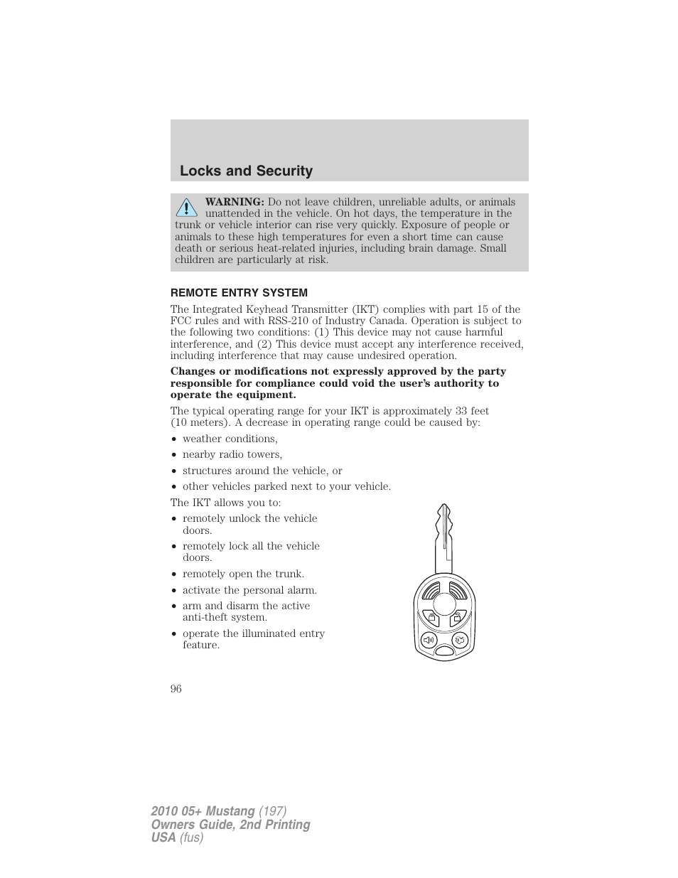 Remote entry system, Locks and security | FORD 2010 Mustang v.2 User Manual | Page 96 / 314