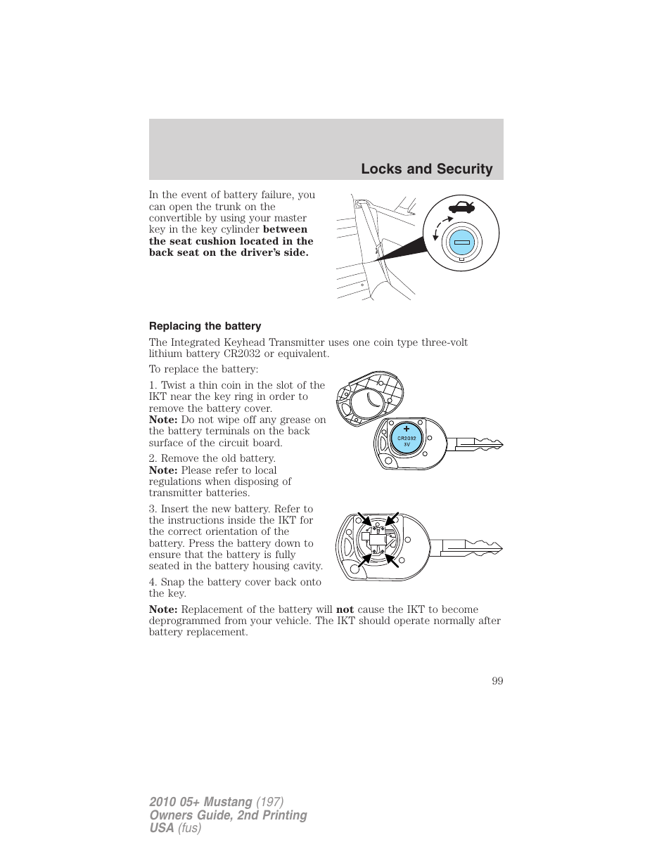 Replacing the battery, Locks and security | FORD 2010 Mustang v.2 User Manual | Page 99 / 314