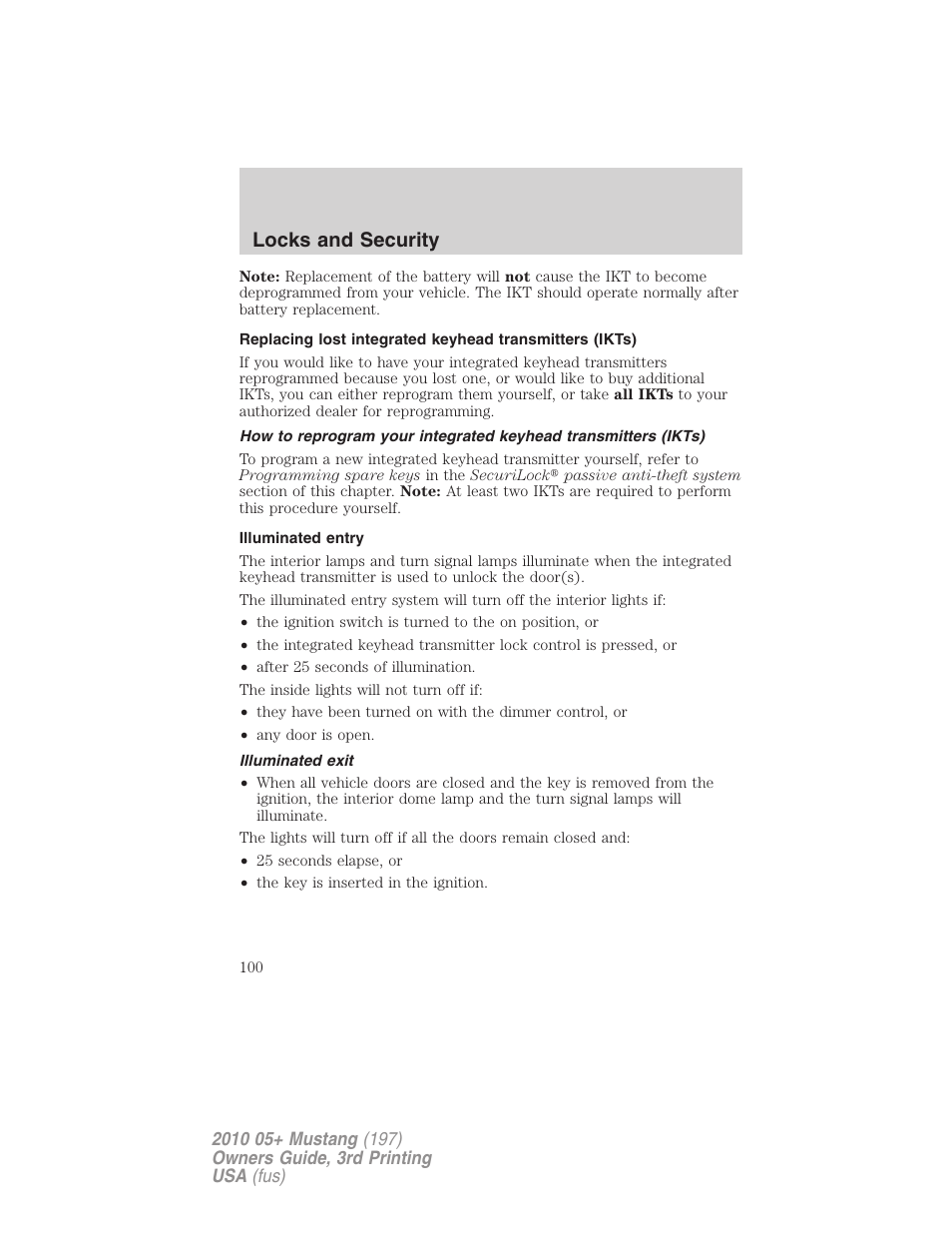Illuminated entry, Illuminated exit, Locks and security | FORD 2010 Mustang v.3 User Manual | Page 100 / 312
