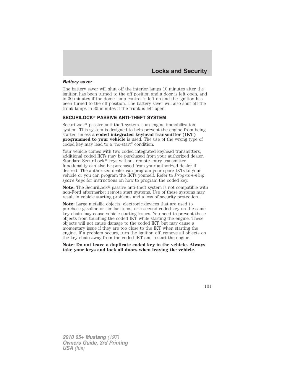 Battery saver, Securilock passive anti-theft system, Anti-theft system | Locks and security | FORD 2010 Mustang v.3 User Manual | Page 101 / 312