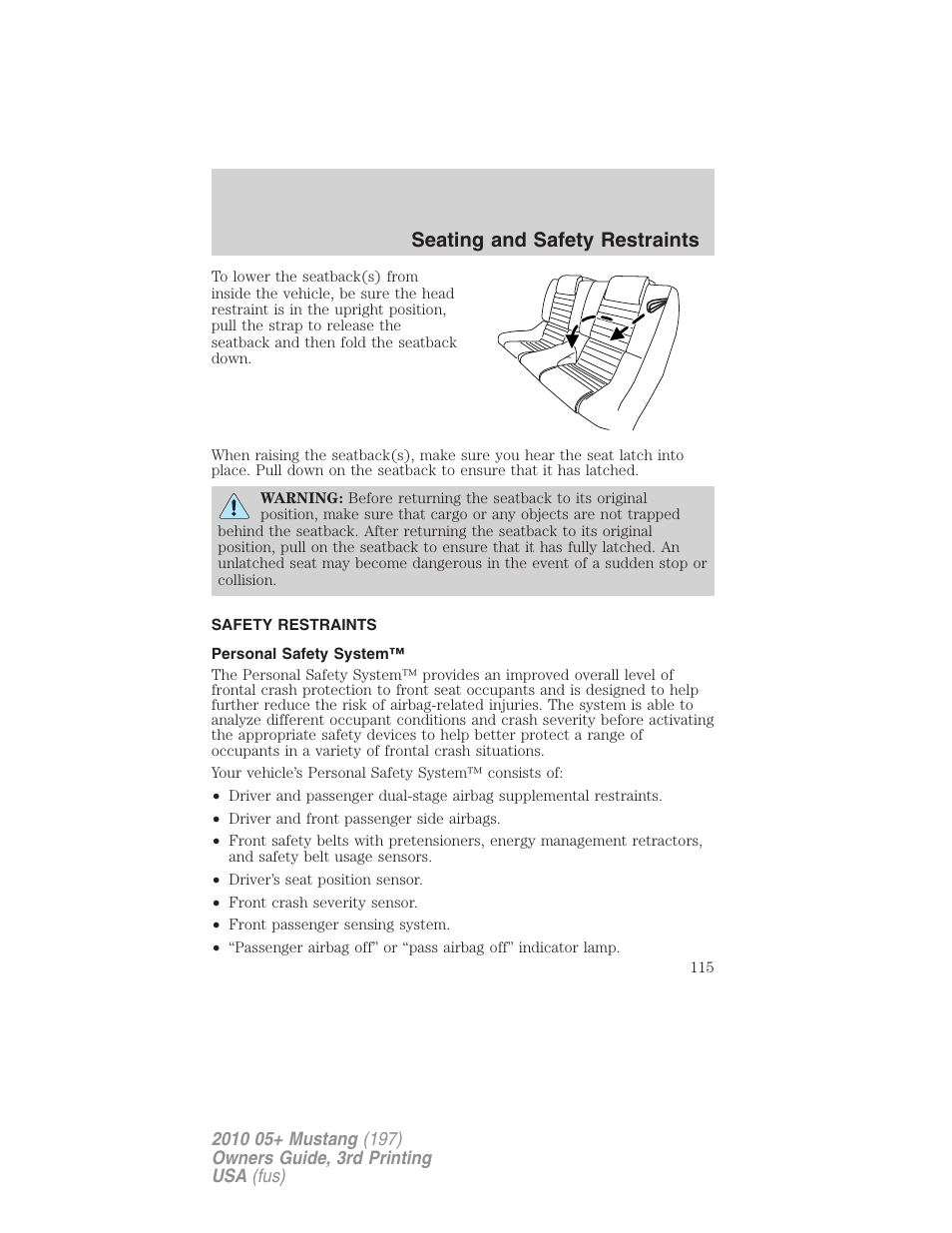 Safety restraints, Personal safety system, Seating and safety restraints | FORD 2010 Mustang v.3 User Manual | Page 115 / 312