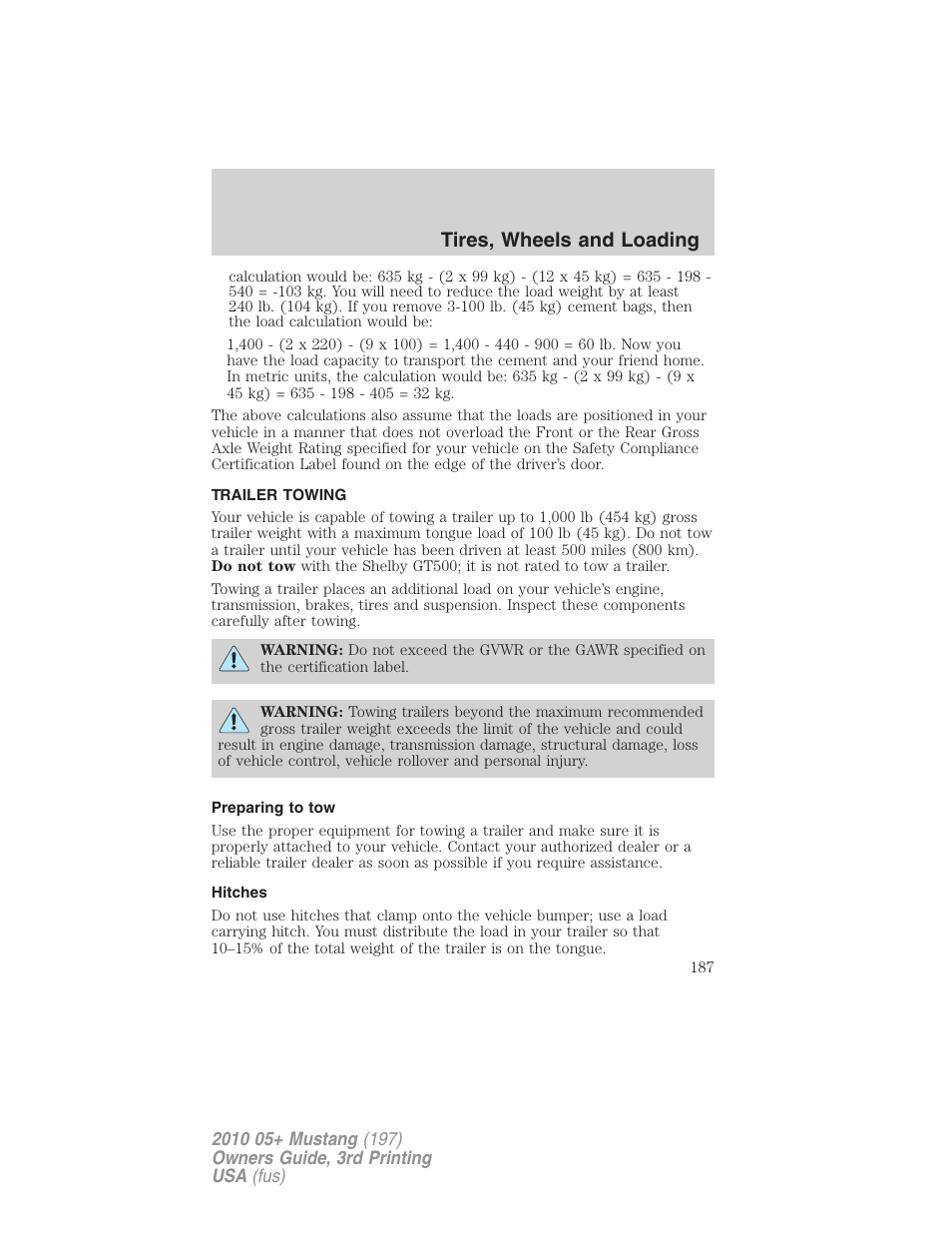 Trailer towing, Preparing to tow, Hitches | Tires, wheels and loading | FORD 2010 Mustang v.3 User Manual | Page 187 / 312
