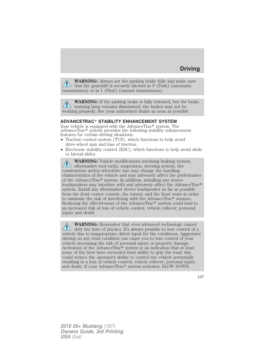 Advancetrac stability enhancement system, Advancetrac, Driving | FORD 2010 Mustang v.3 User Manual | Page 197 / 312