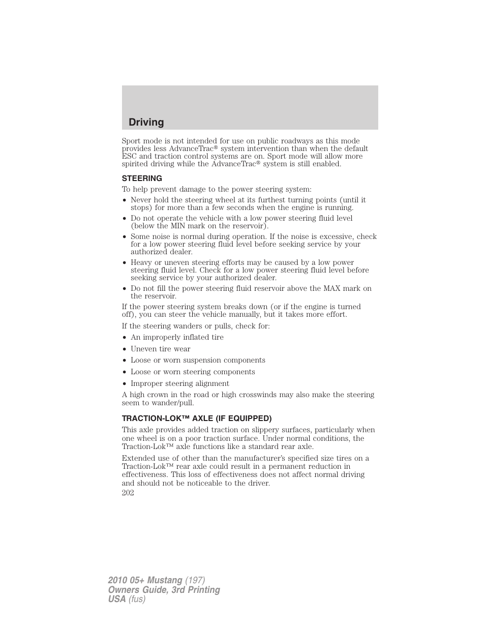 Steering, Traction-lok™ axle (if equipped), Driving | FORD 2010 Mustang v.3 User Manual | Page 202 / 312