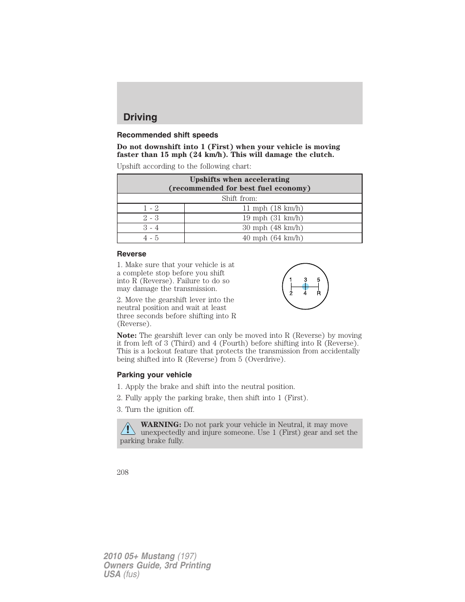 Recommended shift speeds, Reverse, Parking your vehicle | Driving | FORD 2010 Mustang v.3 User Manual | Page 208 / 312