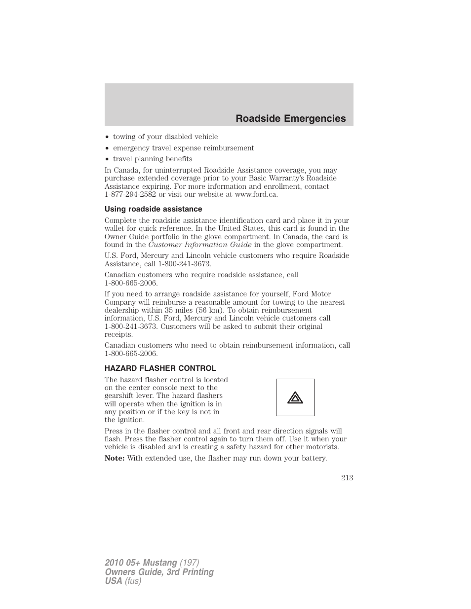 Using roadside assistance, Hazard flasher control, Roadside emergencies | FORD 2010 Mustang v.3 User Manual | Page 213 / 312