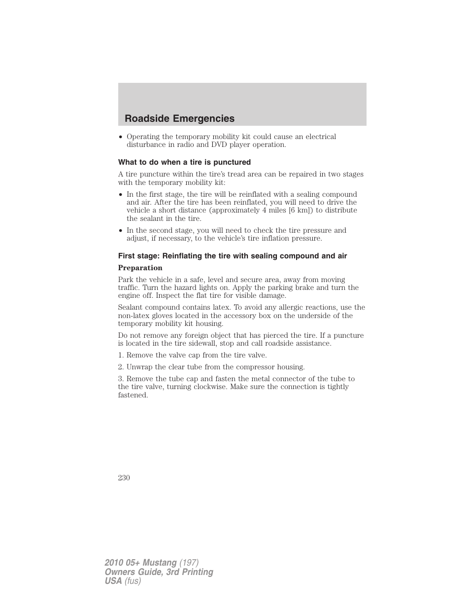 What to do when a tire is punctured, Roadside emergencies | FORD 2010 Mustang v.3 User Manual | Page 230 / 312