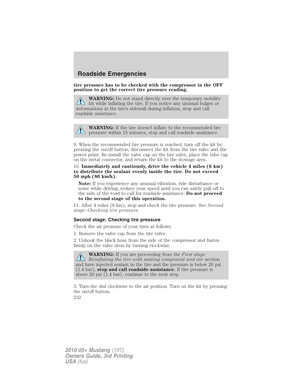 Second stage: checking tire pressure, Roadside emergencies | FORD 2010 Mustang v.3 User Manual | Page 232 / 312