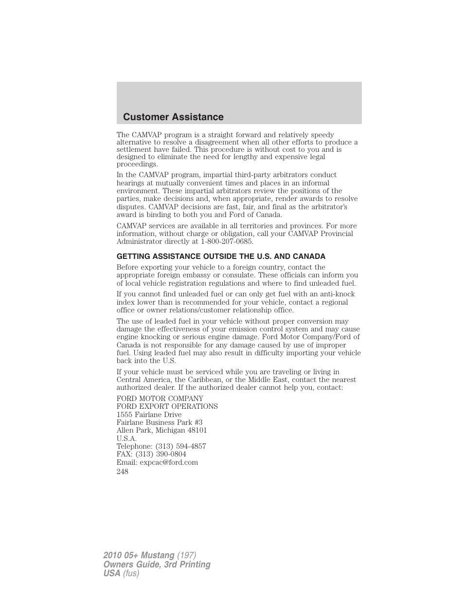 Getting assistance outside the u.s. and canada, Customer assistance | FORD 2010 Mustang v.3 User Manual | Page 248 / 312