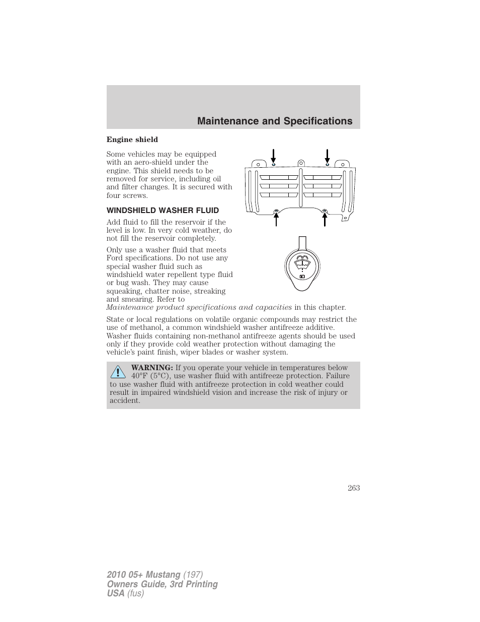 Windshield washer fluid, Maintenance and specifications | FORD 2010 Mustang v.3 User Manual | Page 263 / 312
