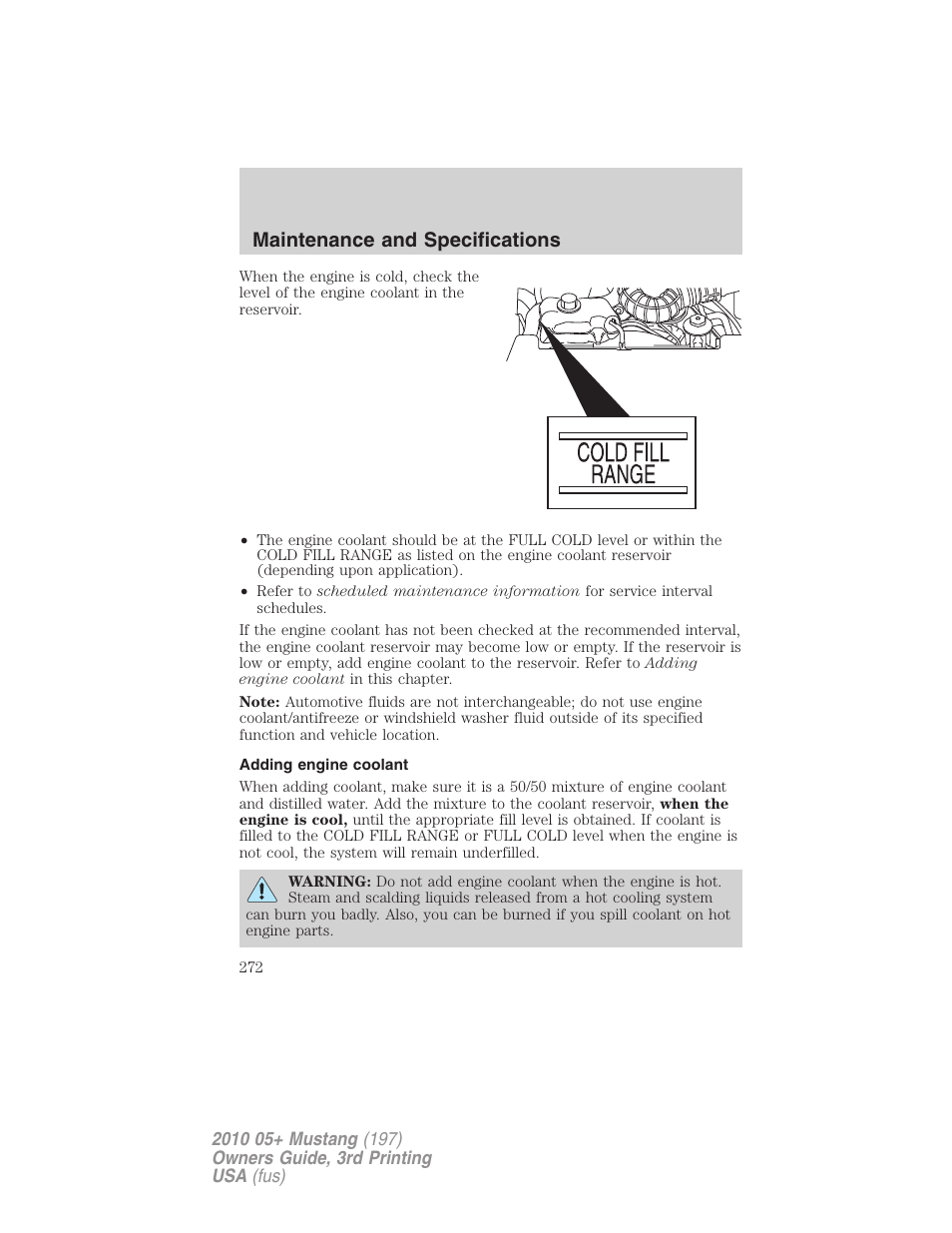 Adding engine coolant, Maintenance and specifications | FORD 2010 Mustang v.3 User Manual | Page 272 / 312
