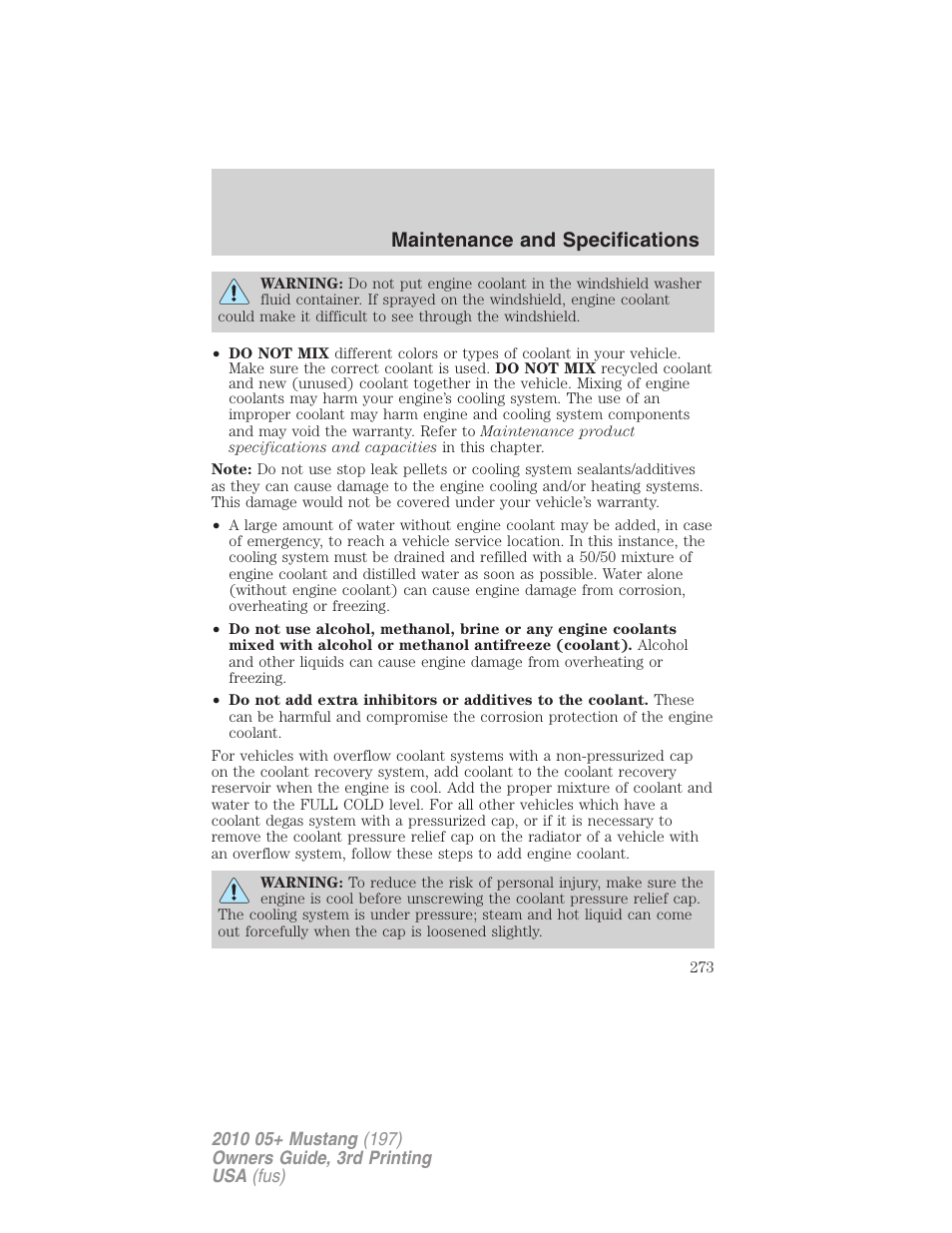 Maintenance and specifications | FORD 2010 Mustang v.3 User Manual | Page 273 / 312
