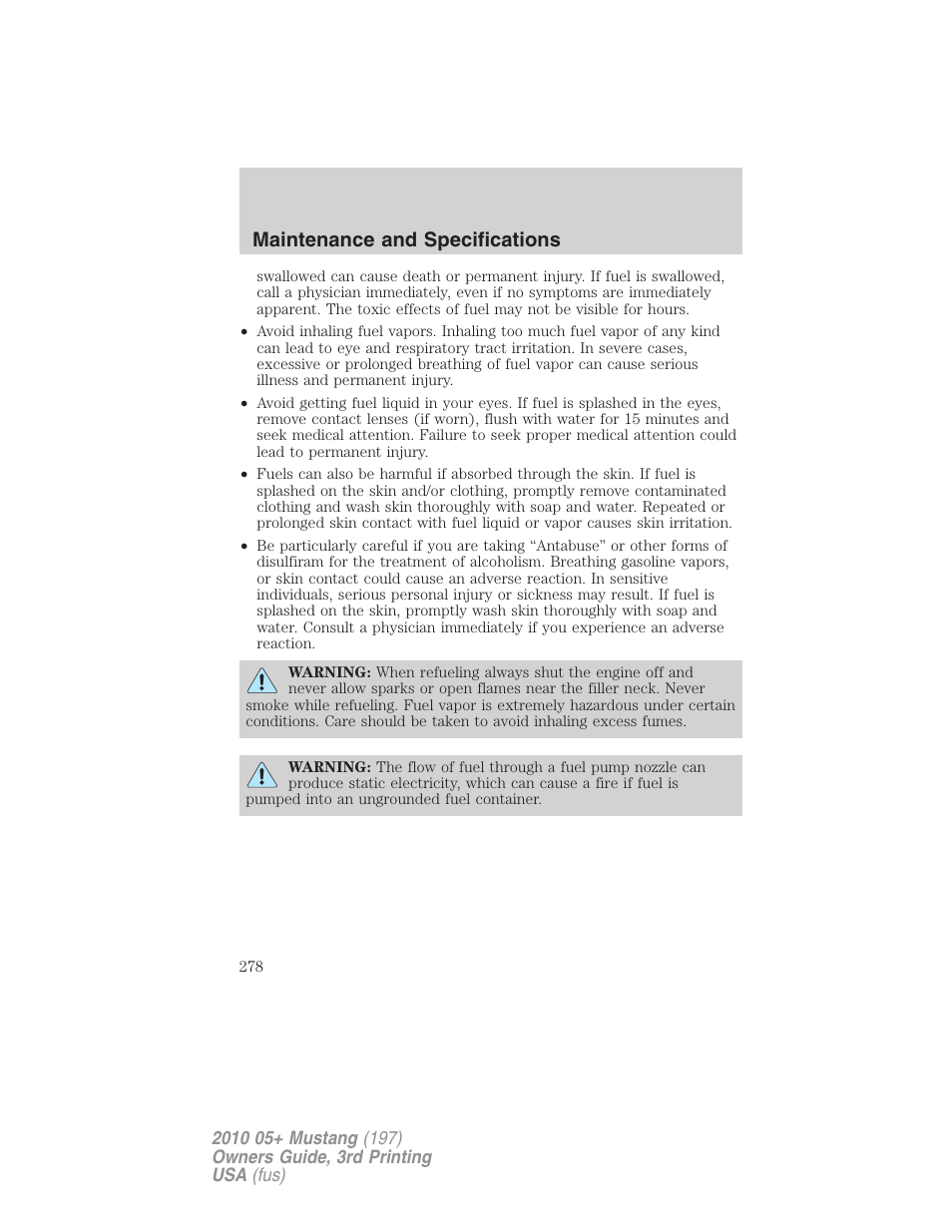 Maintenance and specifications | FORD 2010 Mustang v.3 User Manual | Page 278 / 312