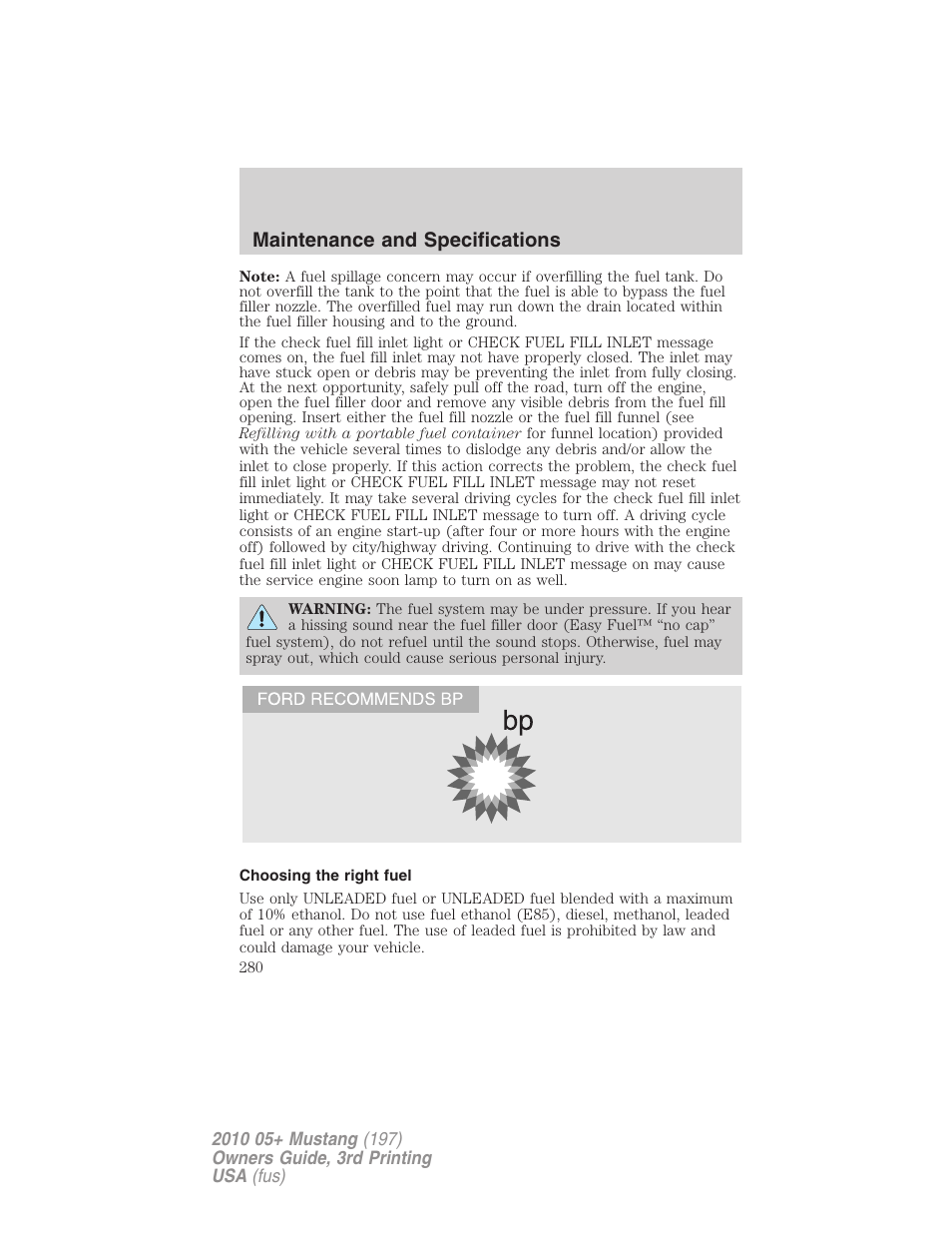 Choosing the right fuel, Maintenance and specifications | FORD 2010 Mustang v.3 User Manual | Page 280 / 312