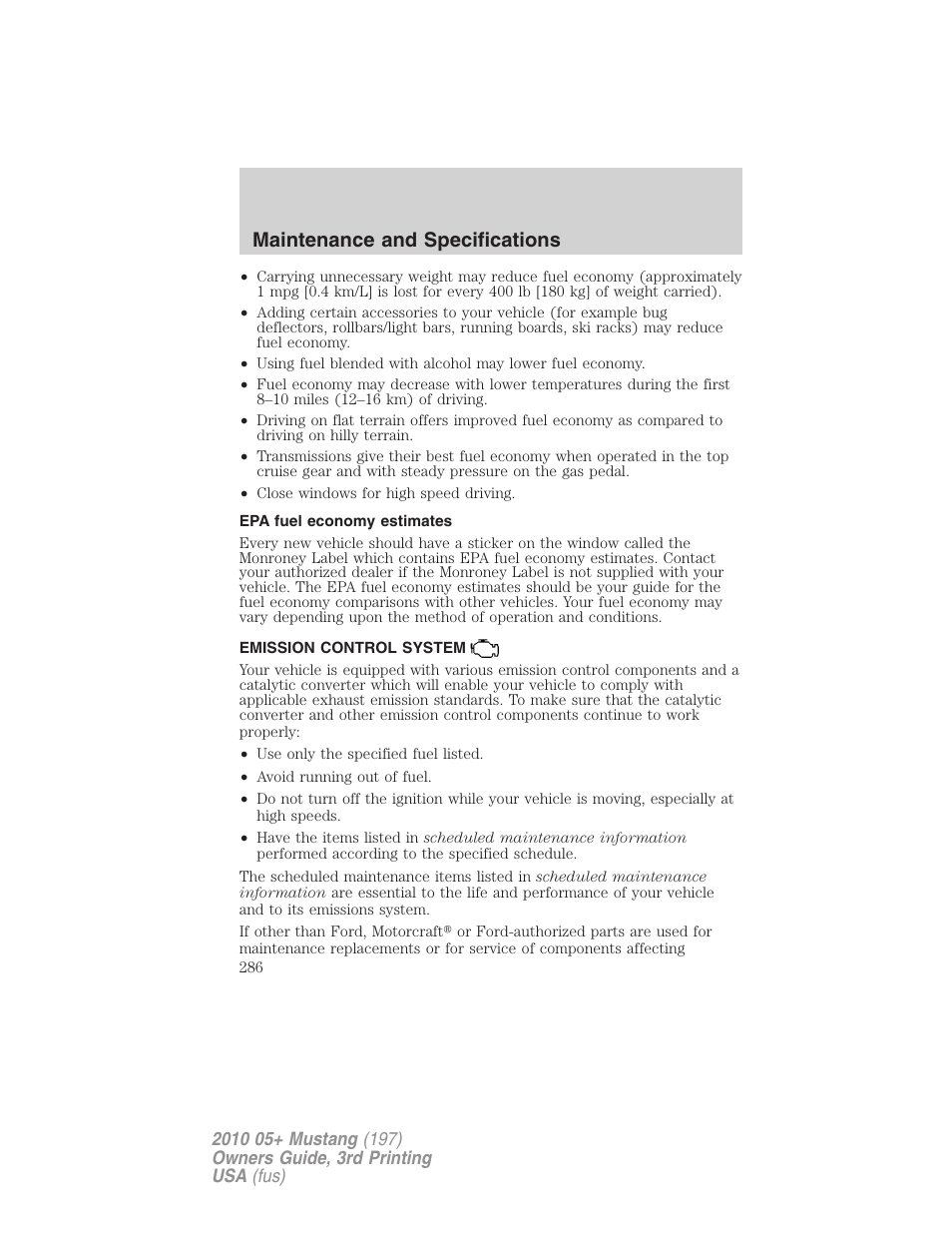 Epa fuel economy estimates, Emission control system, Maintenance and specifications | FORD 2010 Mustang v.3 User Manual | Page 286 / 312
