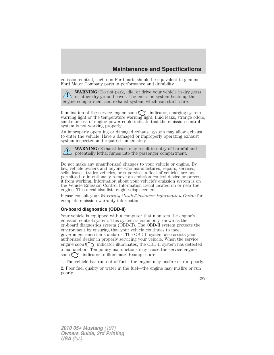 On-board diagnostics (obd-ii), Maintenance and specifications | FORD 2010 Mustang v.3 User Manual | Page 287 / 312