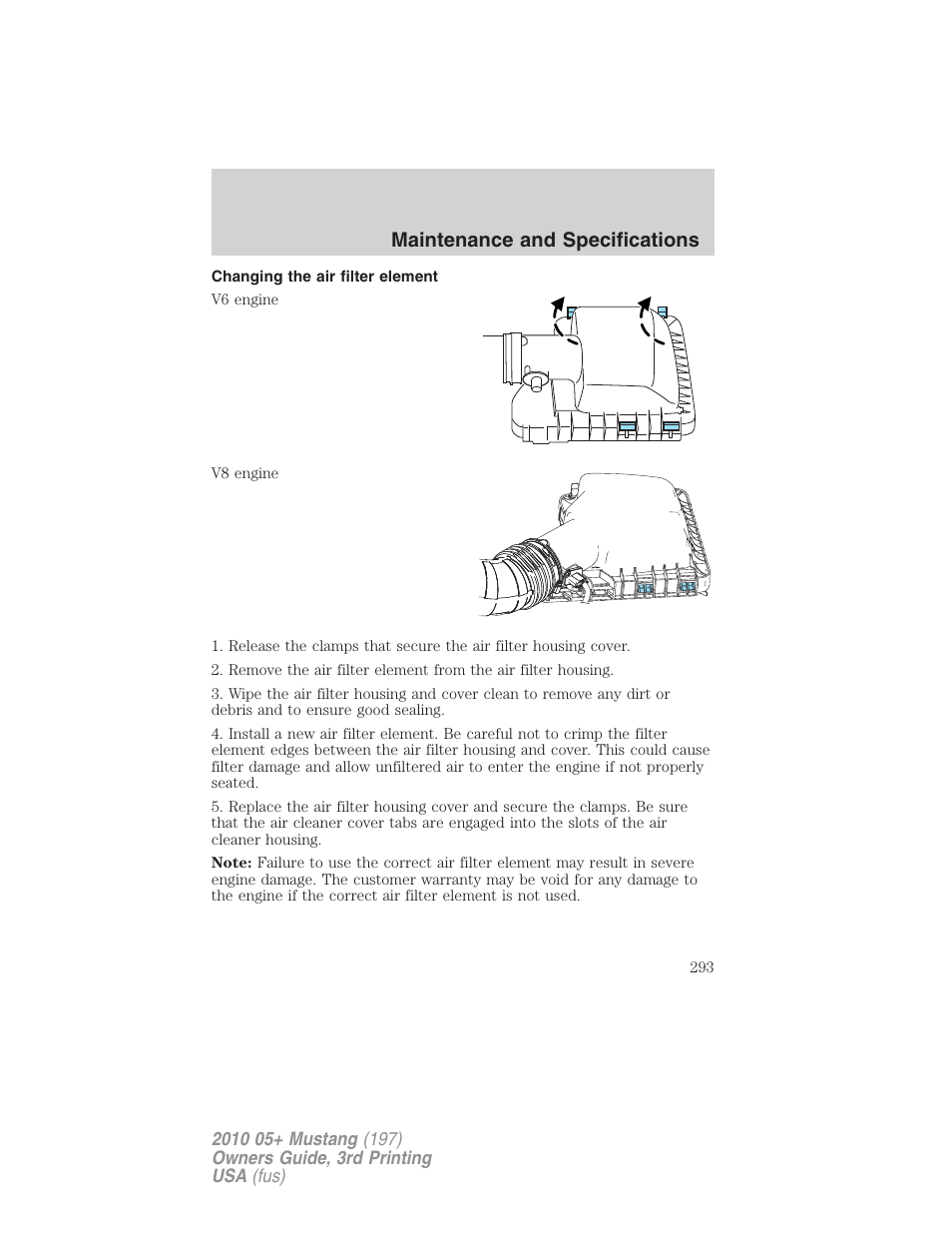 Changing the air filter element, Maintenance and specifications | FORD 2010 Mustang v.3 User Manual | Page 293 / 312