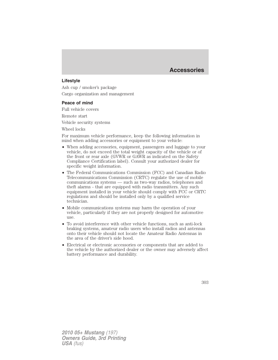 Lifestyle, Peace of mind, Accessories | FORD 2010 Mustang v.3 User Manual | Page 303 / 312