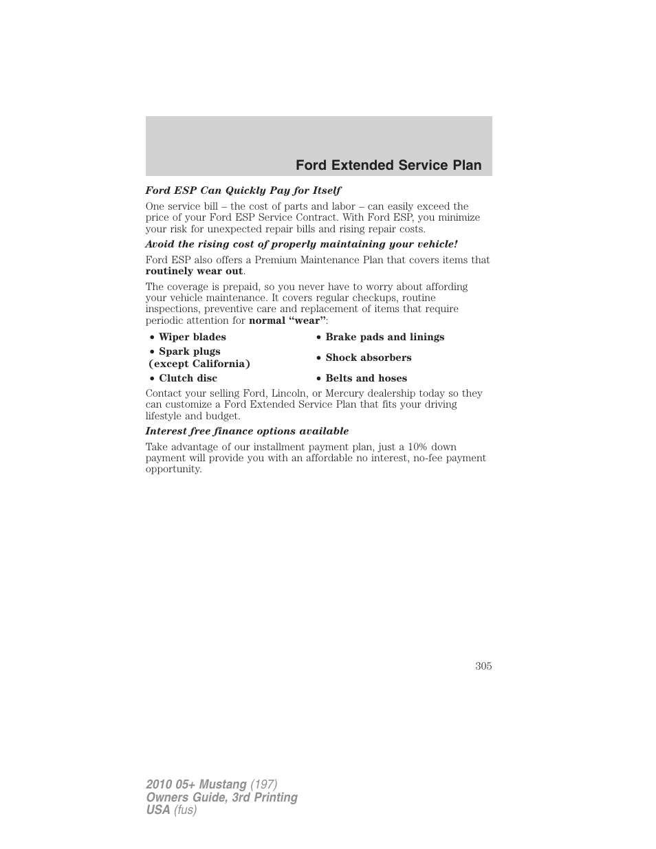 Ford extended service plan | FORD 2010 Mustang v.3 User Manual | Page 305 / 312