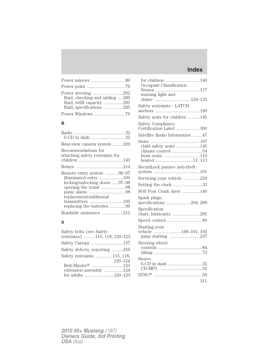 Index | FORD 2010 Mustang v.3 User Manual | Page 311 / 312