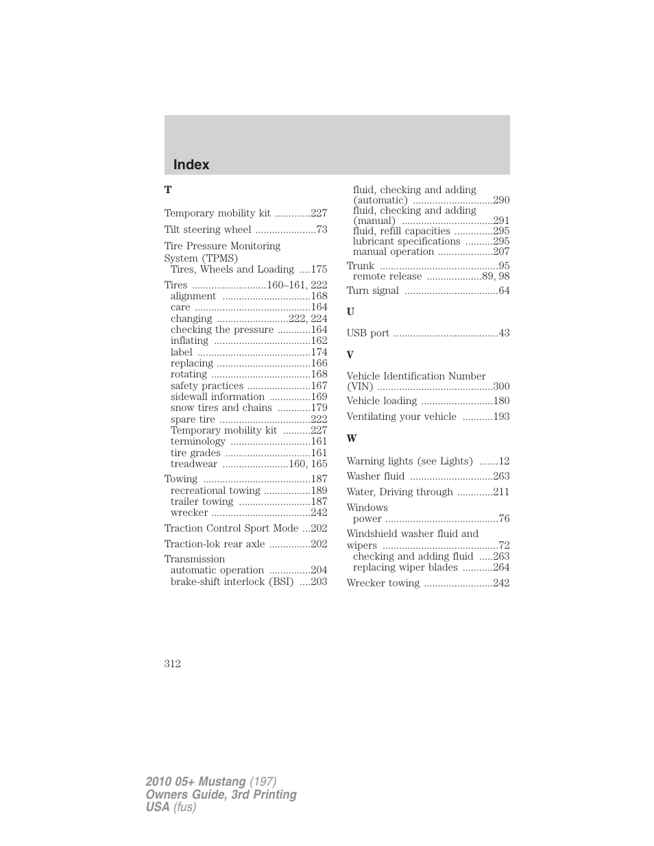 Index | FORD 2010 Mustang v.3 User Manual | Page 312 / 312