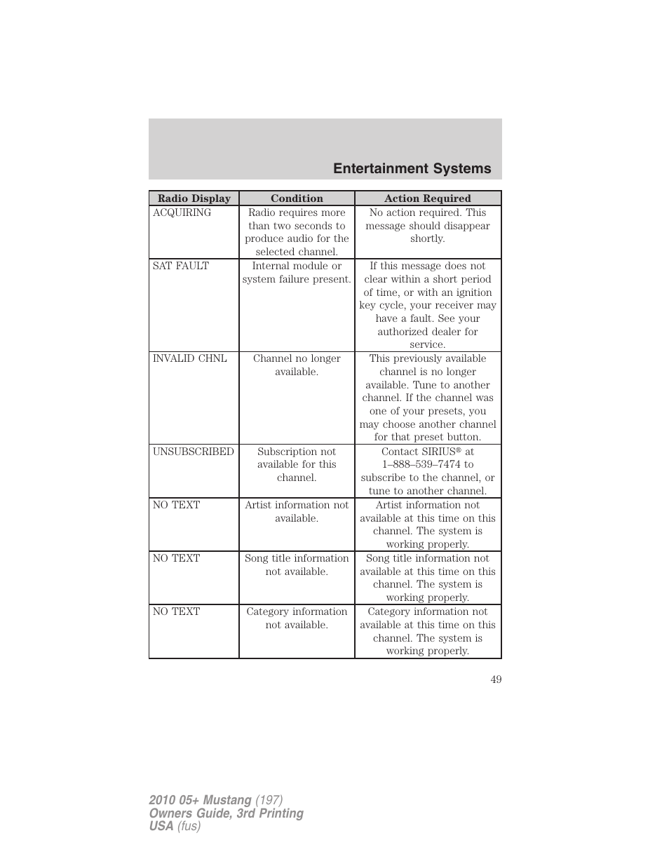 Entertainment systems | FORD 2010 Mustang v.3 User Manual | Page 49 / 312