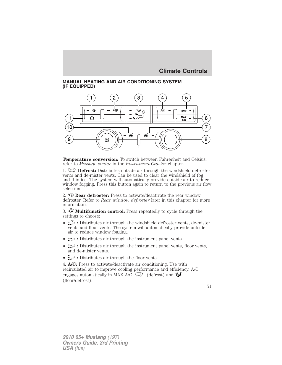 Climate controls, Manual heating and air conditioning | FORD 2010 Mustang v.3 User Manual | Page 51 / 312