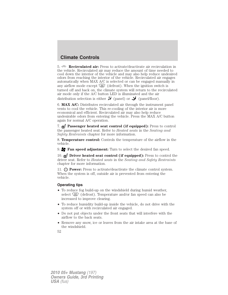 Operating tips, Climate controls | FORD 2010 Mustang v.3 User Manual | Page 52 / 312