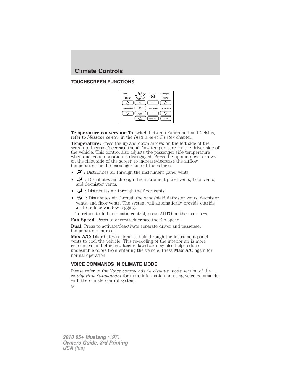 Touchscreen functions, Voice commands in climate mode, Climate controls | FORD 2010 Mustang v.3 User Manual | Page 56 / 312