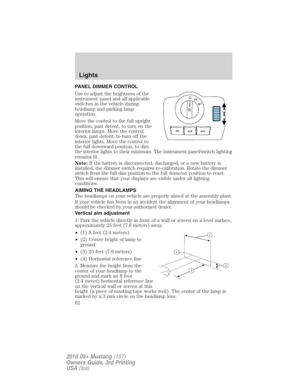Panel dimmer control, Aiming the headlamps, Vertical aim adjustment | Lights | FORD 2010 Mustang v.3 User Manual | Page 62 / 312