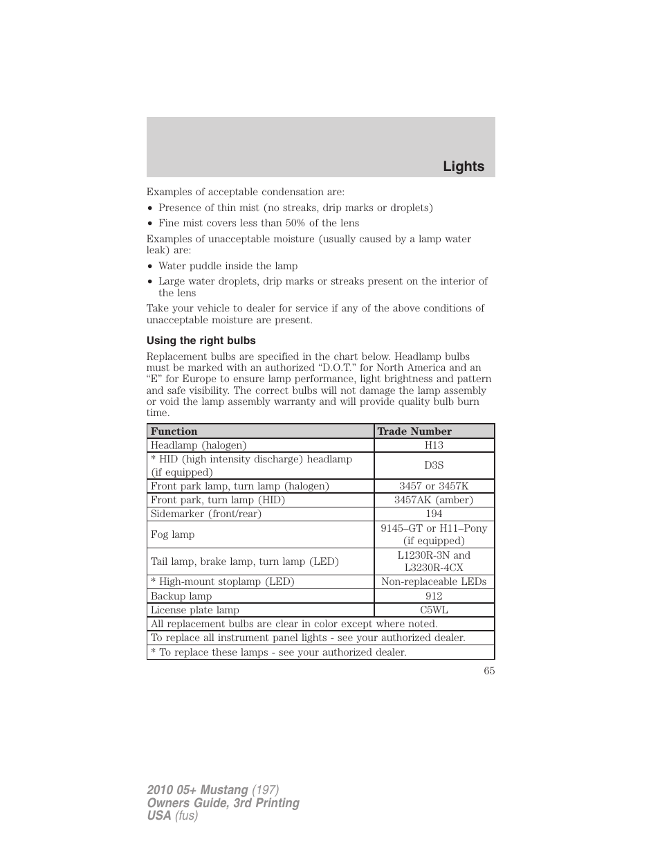 Using the right bulbs, Lights | FORD 2010 Mustang v.3 User Manual | Page 65 / 312