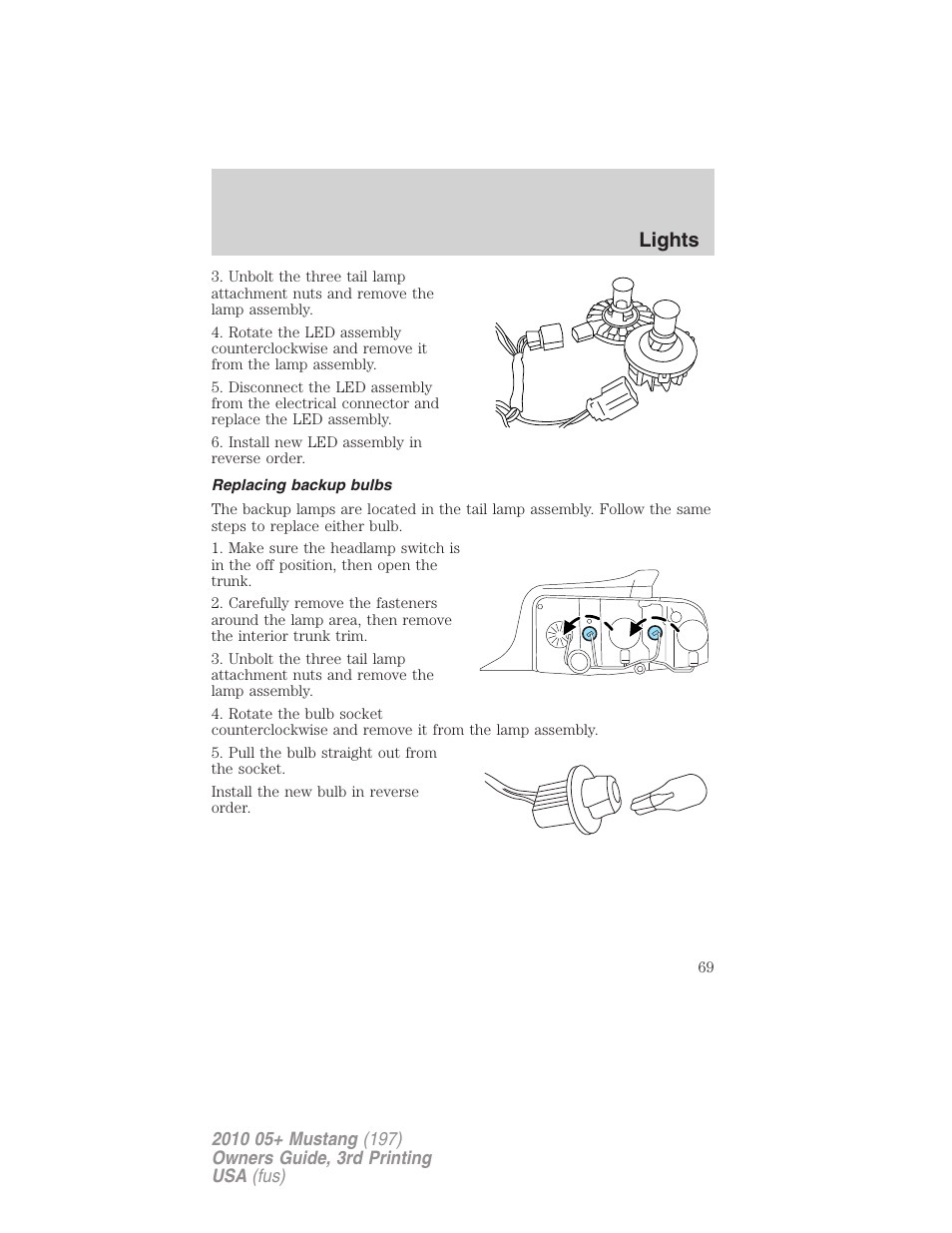 Replacing backup bulbs, Lights | FORD 2010 Mustang v.3 User Manual | Page 69 / 312