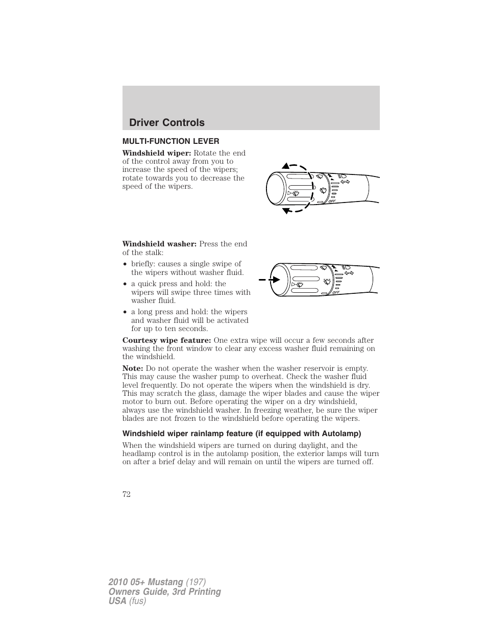 Driver controls, Multi-function lever, Windshield wiper/washer control | FORD 2010 Mustang v.3 User Manual | Page 72 / 312