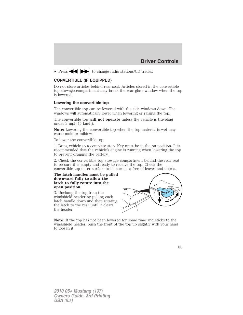 Convertible (if equipped), Lowering the convertible top, Driver controls | FORD 2010 Mustang v.3 User Manual | Page 85 / 312