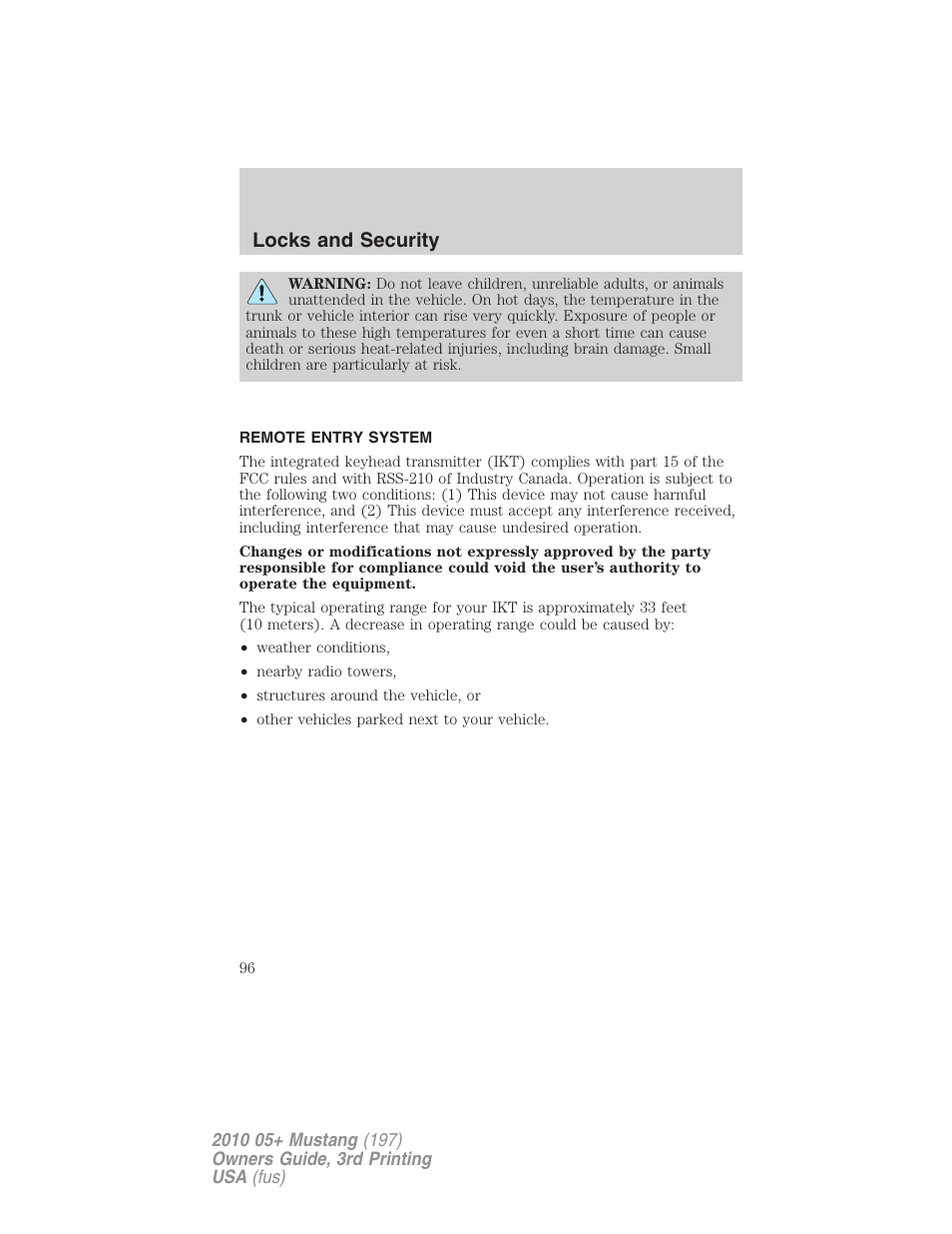Remote entry system, Locks and security | FORD 2010 Mustang v.3 User Manual | Page 96 / 312