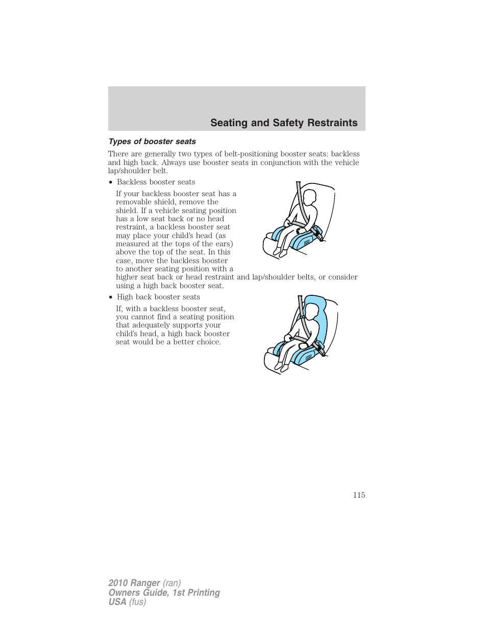 Types of booster seats, Seating and safety restraints | FORD 2010 Ranger v.1 User Manual | Page 115 / 286