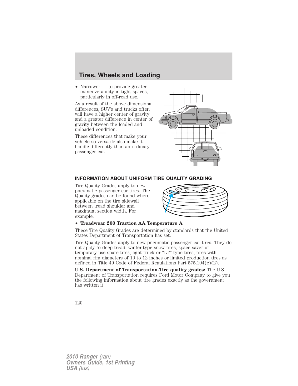 Information about uniform tire quality grading, Tire information, Tires, wheels and loading | FORD 2010 Ranger v.1 User Manual | Page 120 / 286