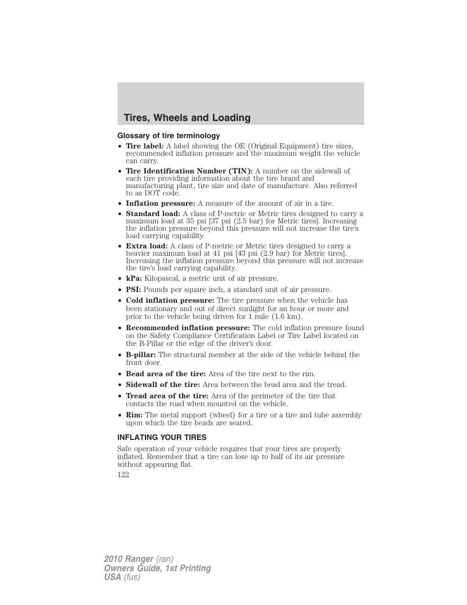 Glossary of tire terminology, Inflating your tires, Tire inflation | Tires, wheels and loading | FORD 2010 Ranger v.1 User Manual | Page 122 / 286