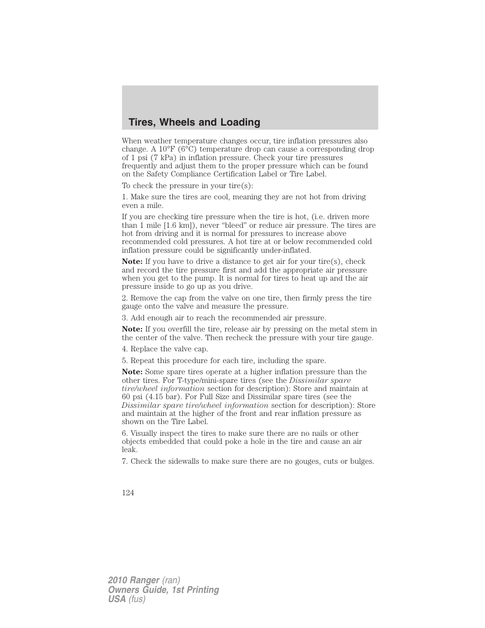 Tires, wheels and loading | FORD 2010 Ranger v.1 User Manual | Page 124 / 286