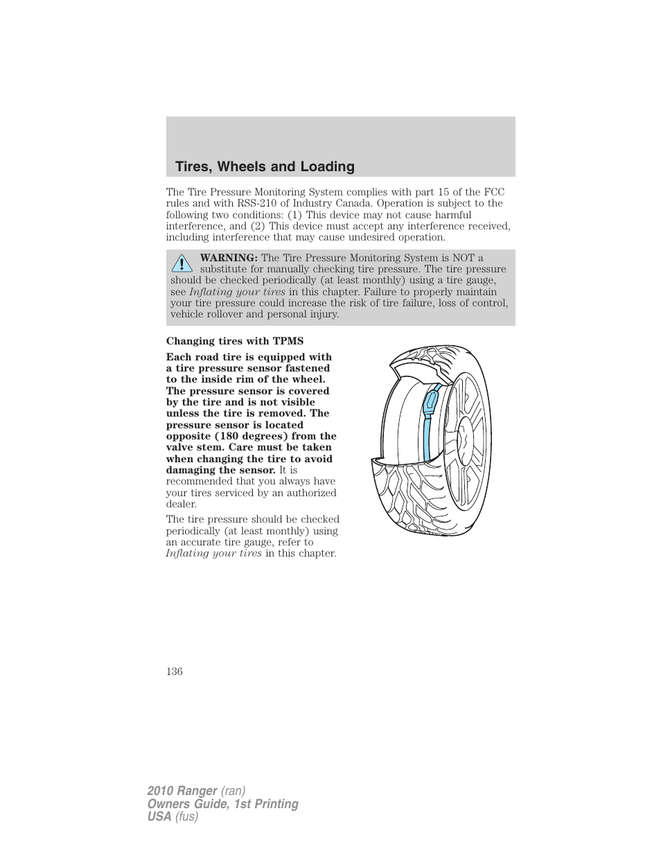 Tires, wheels and loading | FORD 2010 Ranger v.1 User Manual | Page 136 / 286