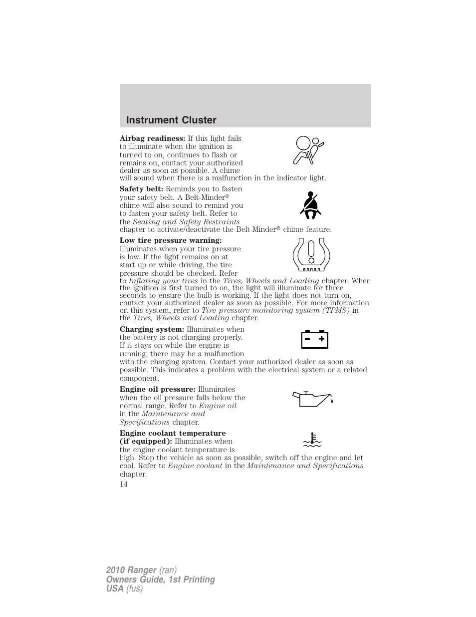 Instrument cluster | FORD 2010 Ranger v.1 User Manual | Page 14 / 286