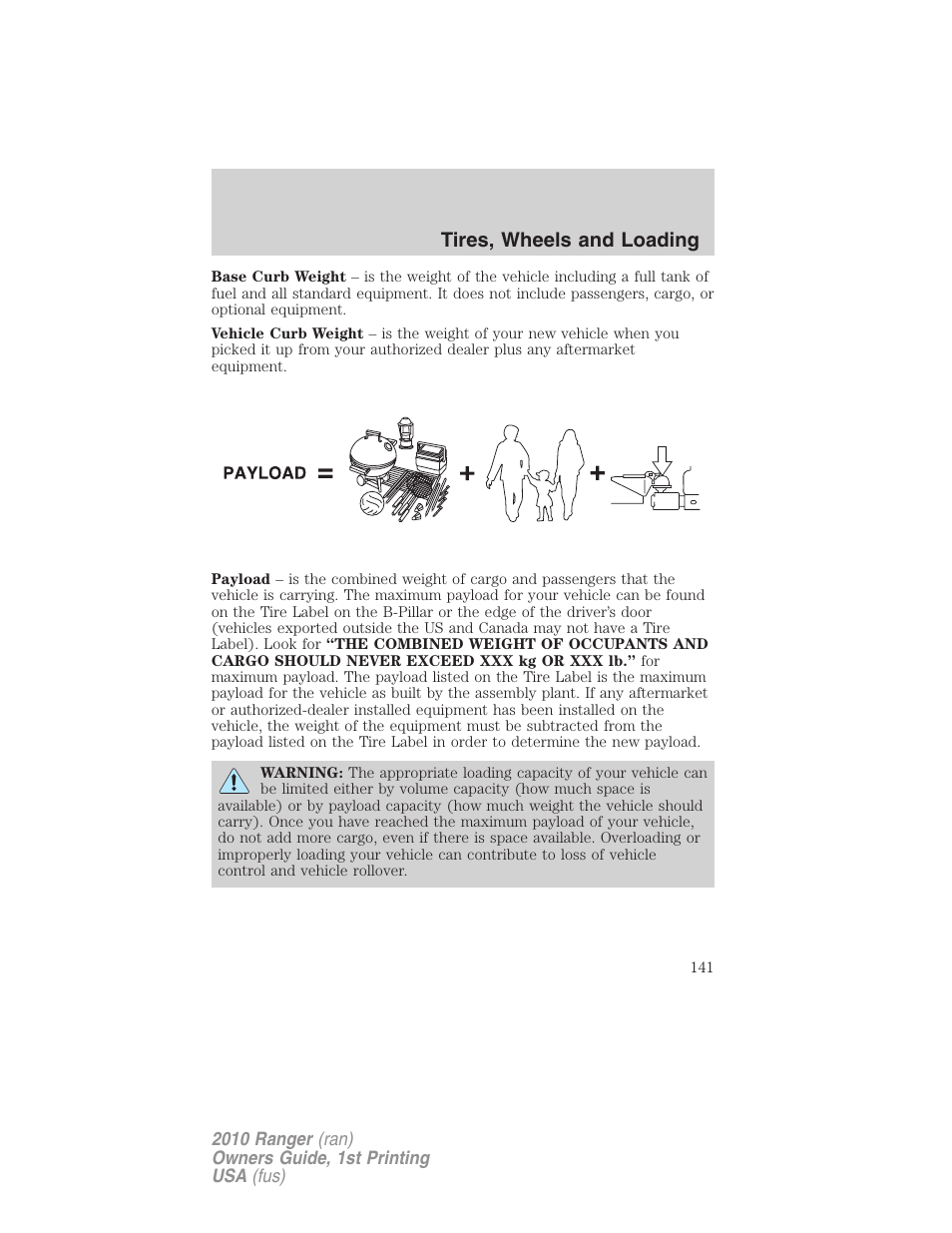 Tires, wheels and loading | FORD 2010 Ranger v.1 User Manual | Page 141 / 286