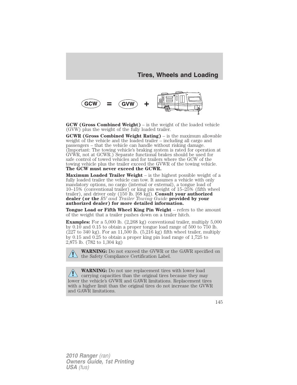 Tires, wheels and loading | FORD 2010 Ranger v.1 User Manual | Page 145 / 286