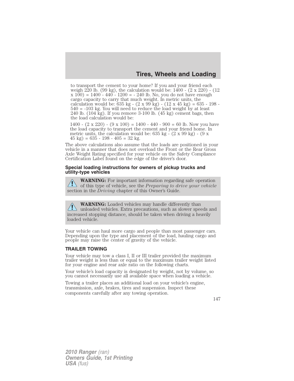 Trailer towing, Tires, wheels and loading | FORD 2010 Ranger v.1 User Manual | Page 147 / 286