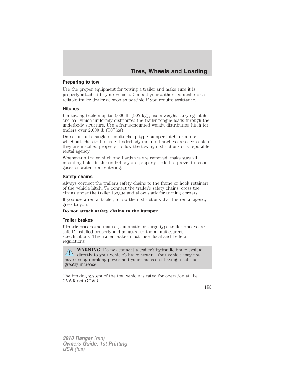 Preparing to tow, Hitches, Safety chains | Trailer brakes, Tires, wheels and loading | FORD 2010 Ranger v.1 User Manual | Page 153 / 286