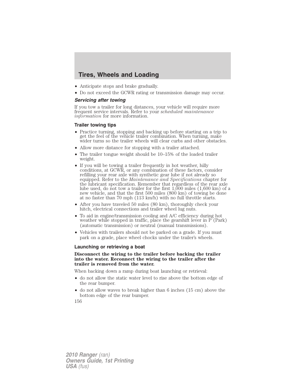 Servicing after towing, Trailer towing tips, Launching or retrieving a boat | Tires, wheels and loading | FORD 2010 Ranger v.1 User Manual | Page 156 / 286