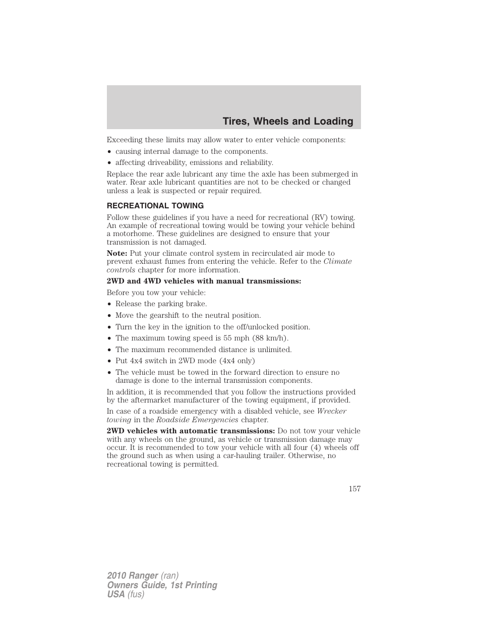 Recreational towing, Tires, wheels and loading | FORD 2010 Ranger v.1 User Manual | Page 157 / 286